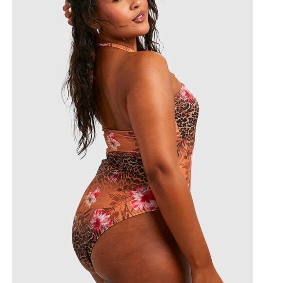 Boohoo Plus Tropical Leopard Bandeau Halter Tie Swimsuit - NWT - Size 24 - Picture 4 of 8